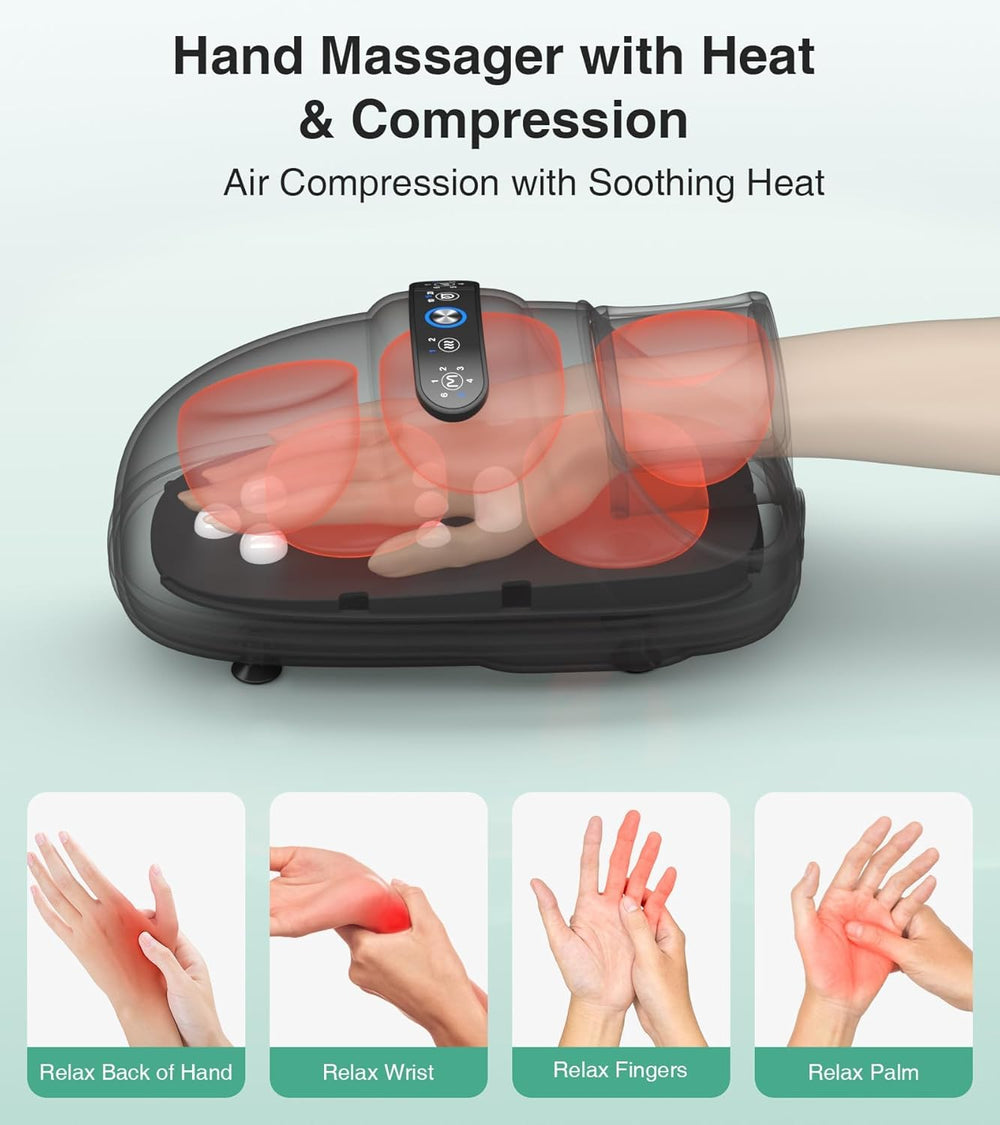 Medcursor hand massager heat levels display emphasizes adjustable warmth.