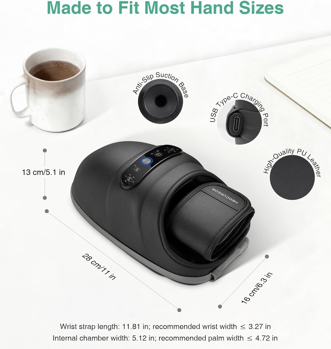 Medcursor hand massager in-use view conveys at-desk comfort.