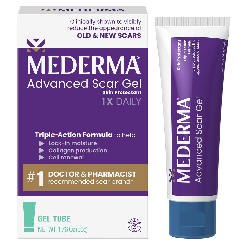 Mederma Advanced Scar Gel bottle for at-home scar care and daily use.