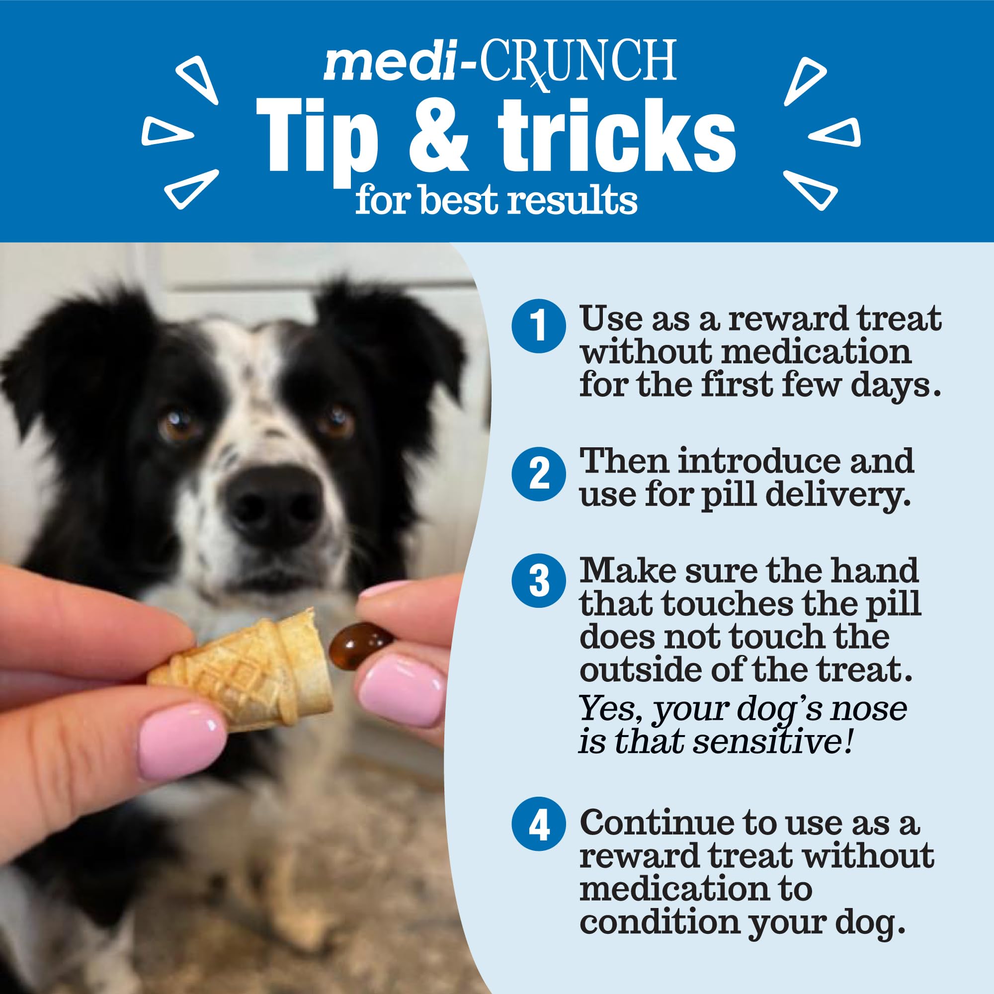 Medi-Crunch low-calorie pet treat supports daily dosing.