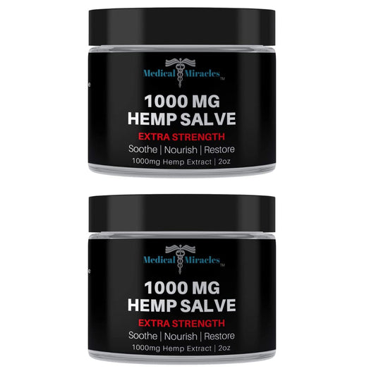 Medical Miracles hemp salve bottle showing 1000mg formula for targeted joint use