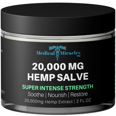 Medical Miracles hemp salve 20000mg bottle on counter for targeted joint support.