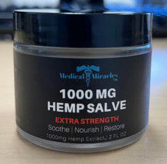 Medical Miracles hemp salve jars emphasizing premium 1000mg hemp blend