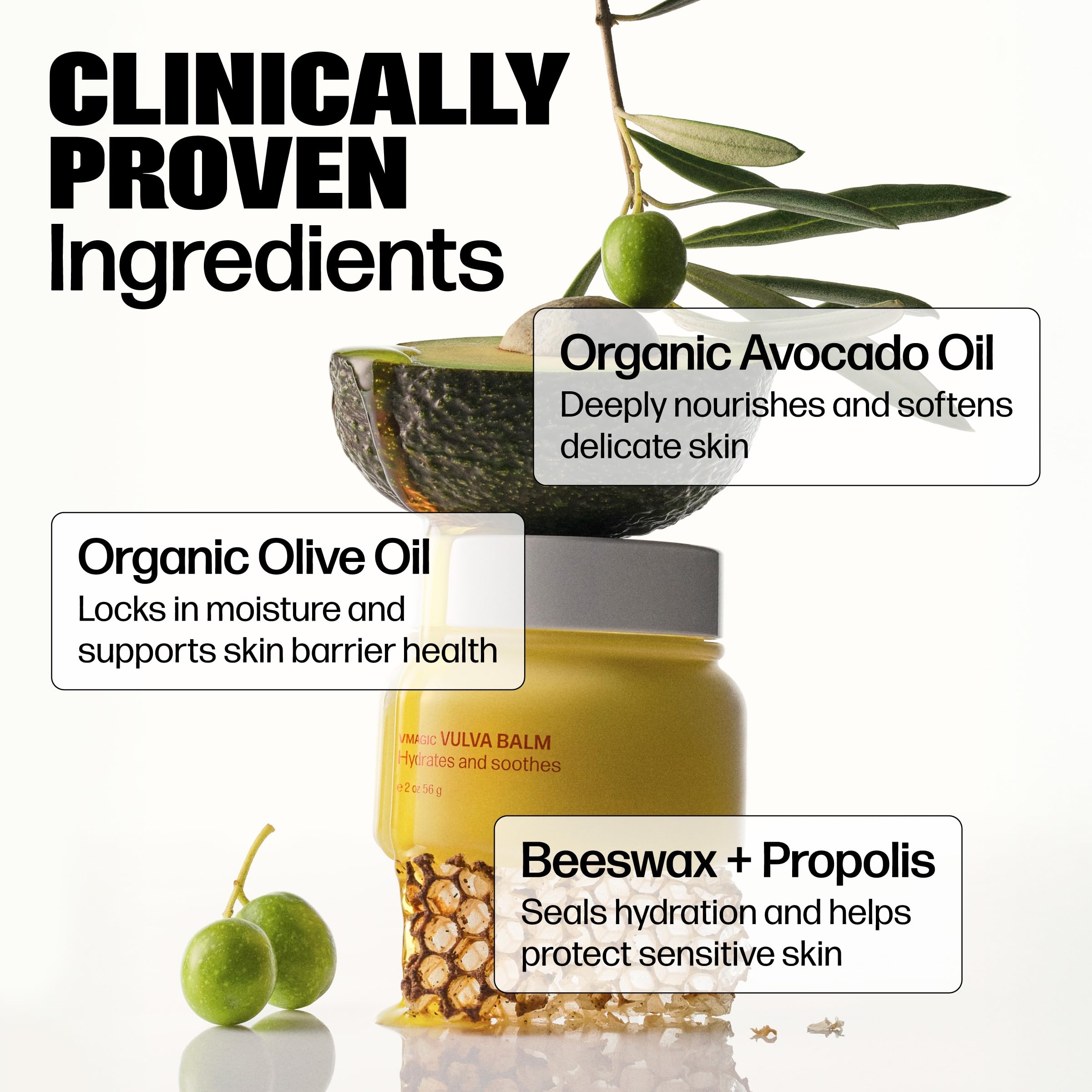 VMAGIC ingredients honey and propolis for nourishing skin.