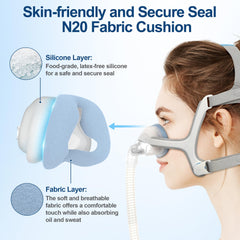 MEDICOLOR nasal cushion N20 with silicone layer near skin for gentle pressure distribution.
