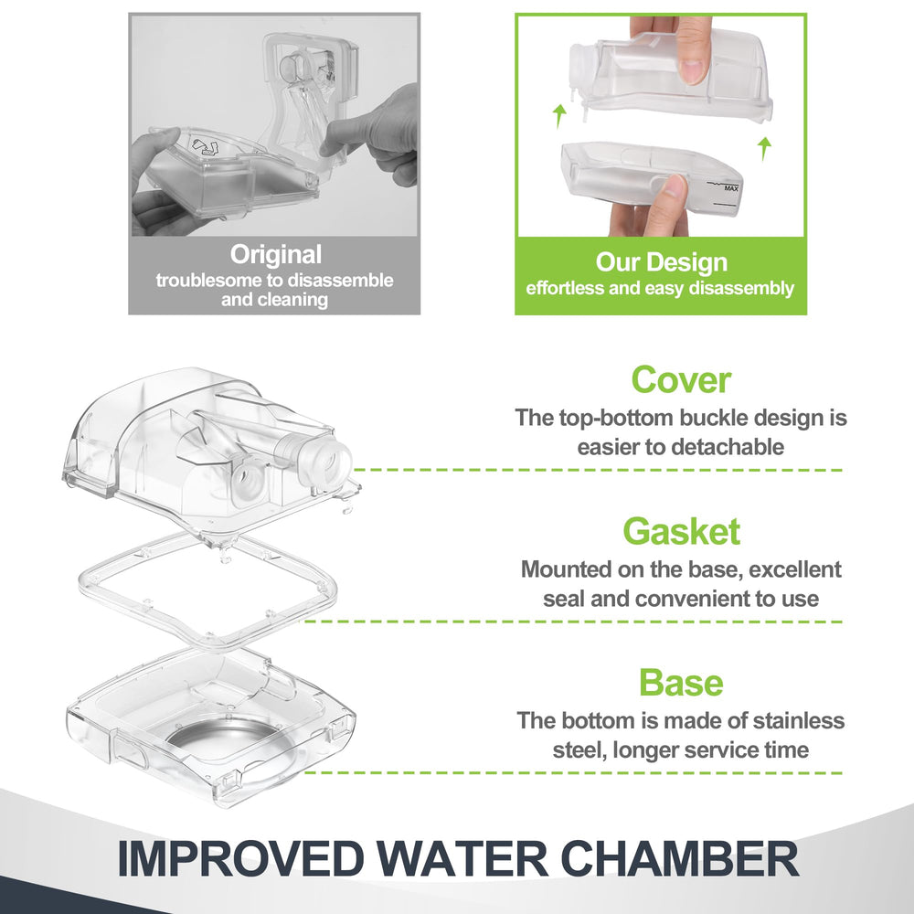 Medicolor water chamber for AirSense 11 slides in horizontally for quick setup.