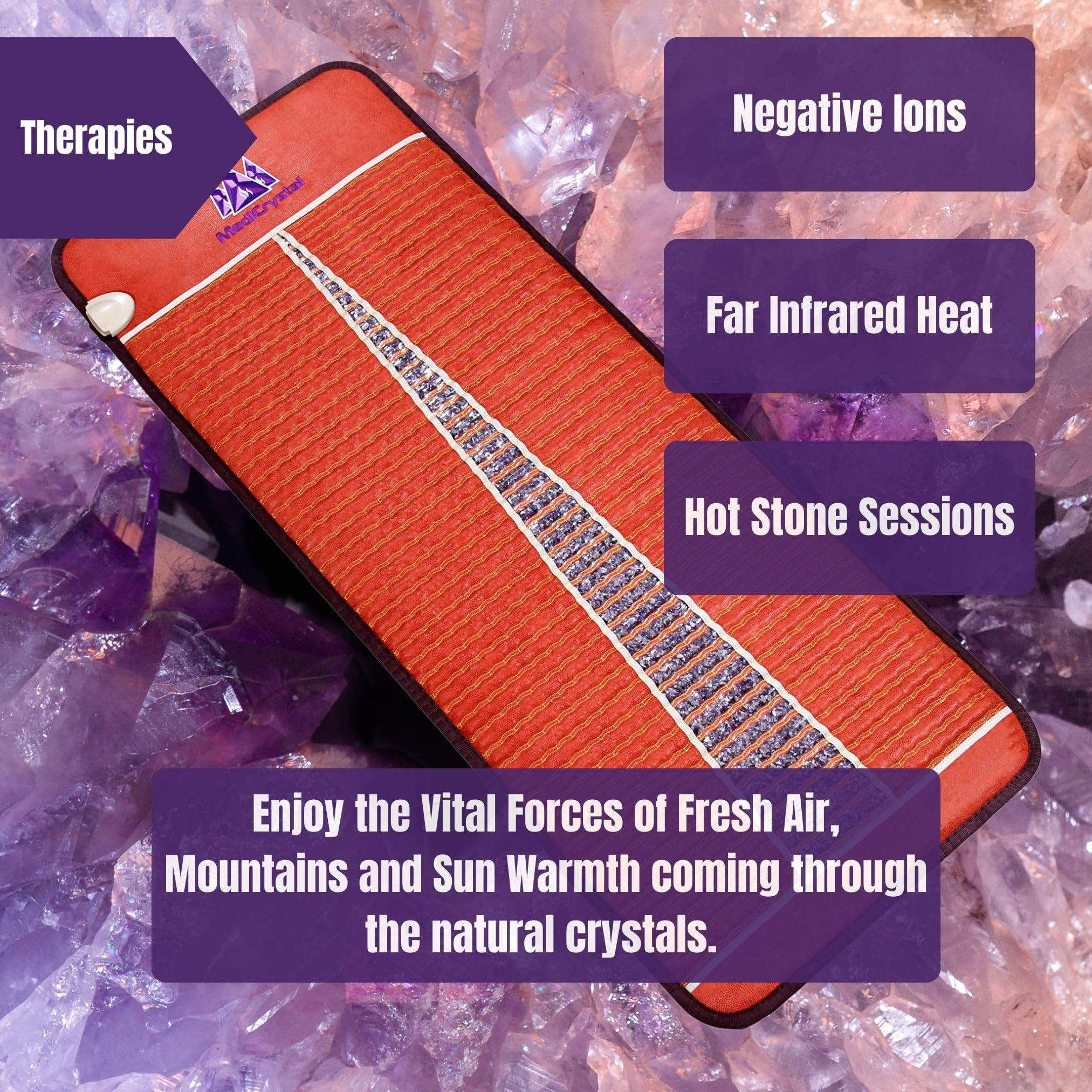 MediCrystal Amethyst Mat lifestyle-use image suggesting spa-like warmth in living room