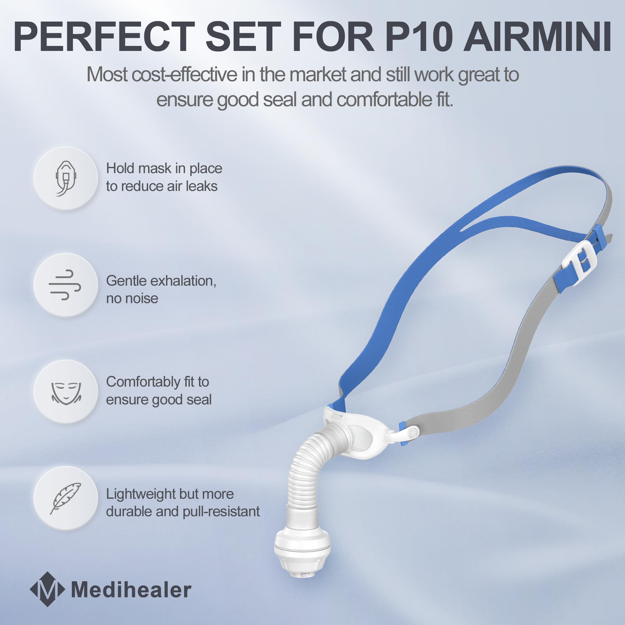 Medihealer AirMini P10 headgear shows adjustable strap for a snug, customized fit.