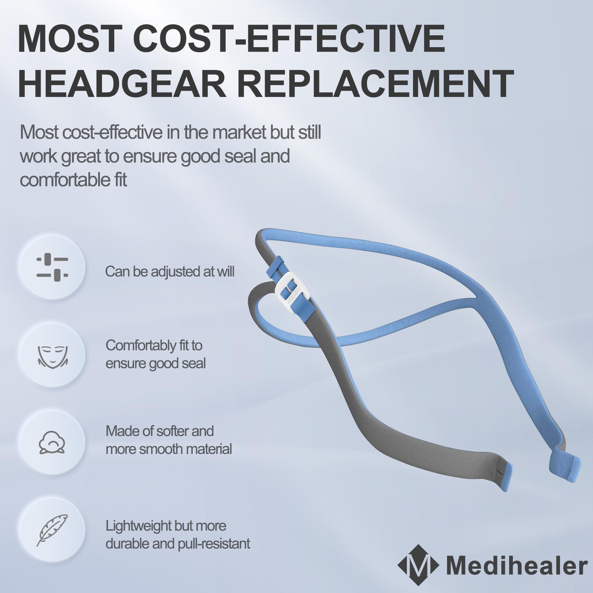 Medihealer CPAP headgear in ultra-soft elastic fabric for comfortable nightly wear.