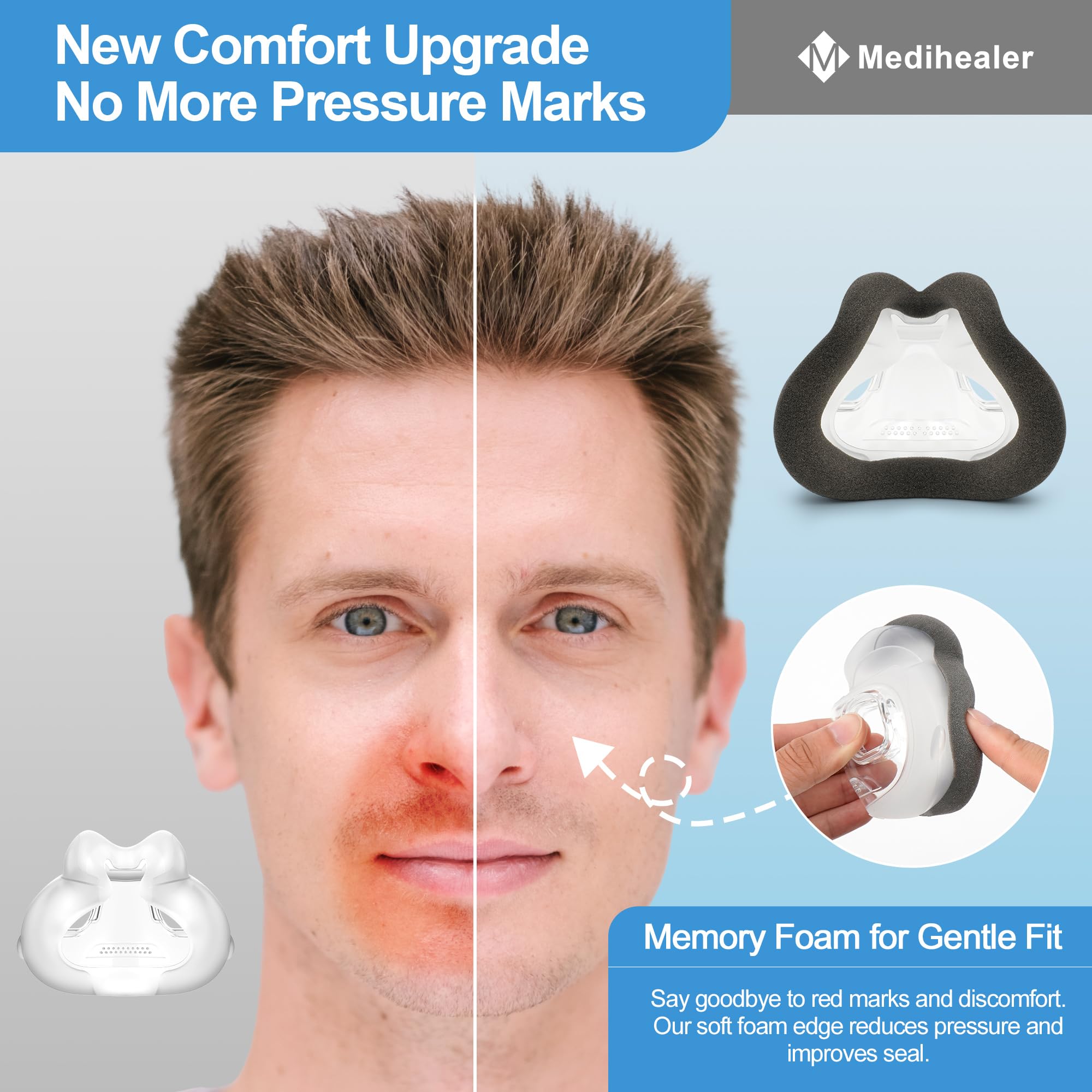 Medihealer f30i cushion close-up highlighting breathable porous foam for dry skin interface.