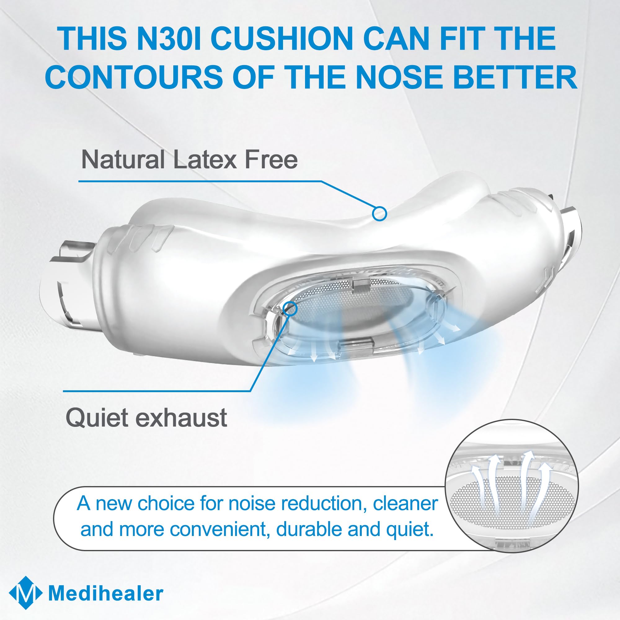 New N30i cushion with noise-reducing vent for quieter use.