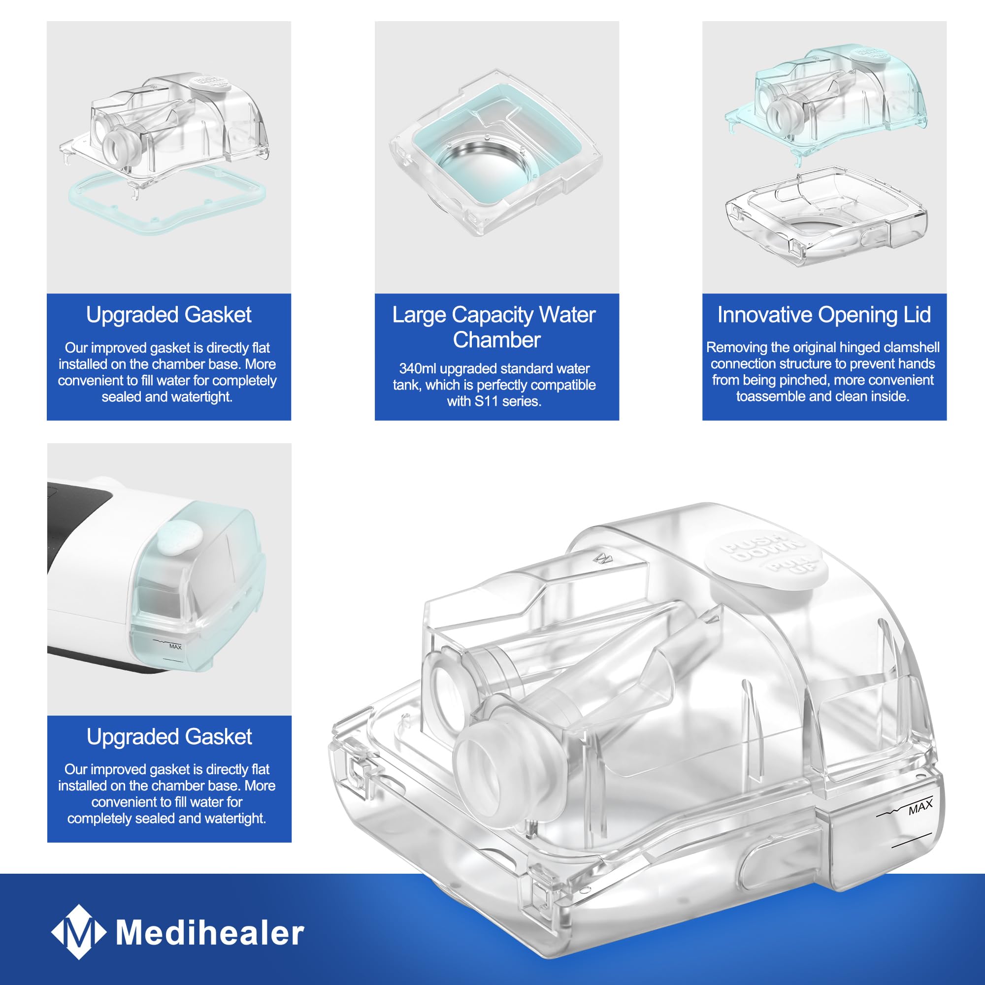 Medihealer water chamber with flat gasket reduces pinch points during assembly
