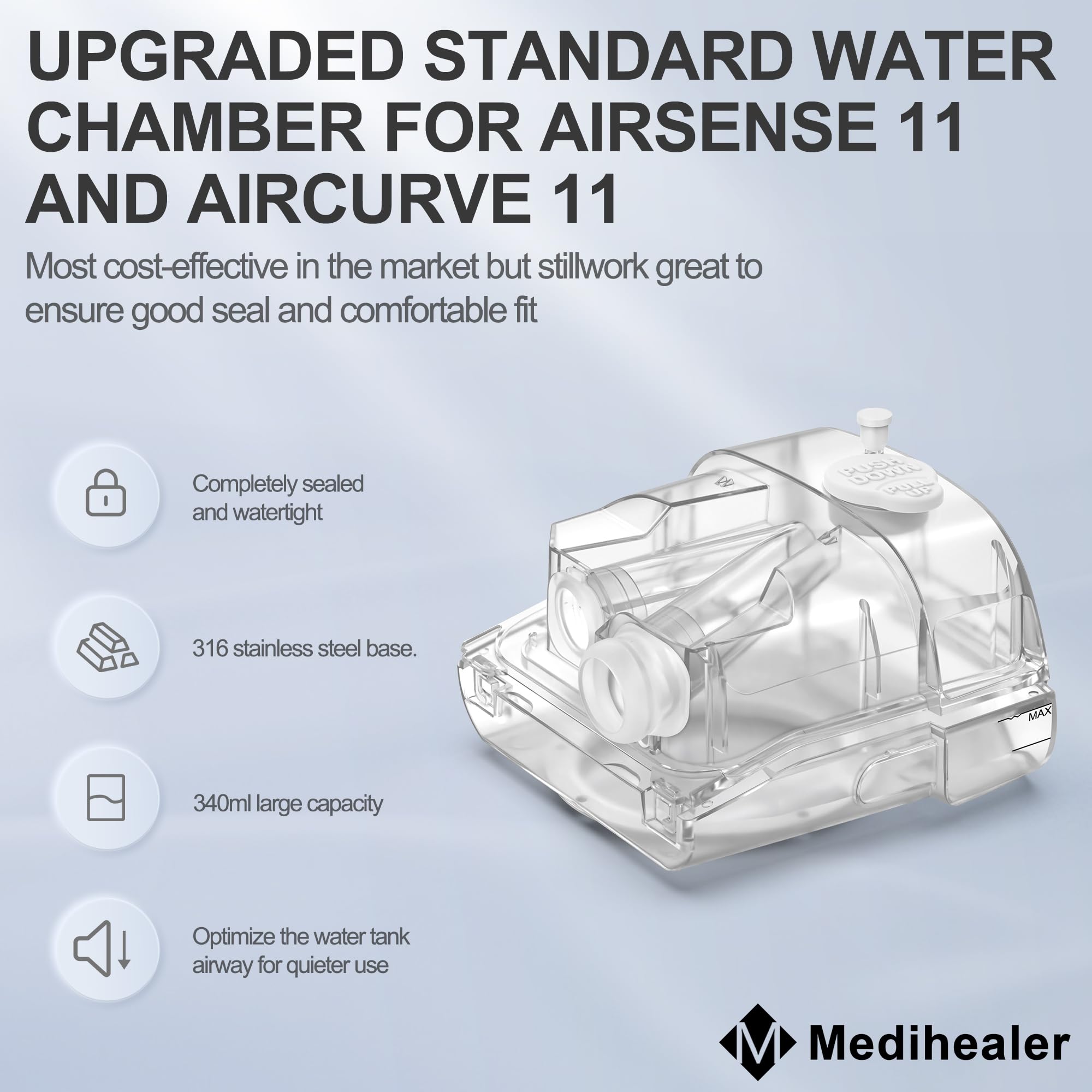 Medihealer water chamber with 340ml capacity supports longer runs between fills.