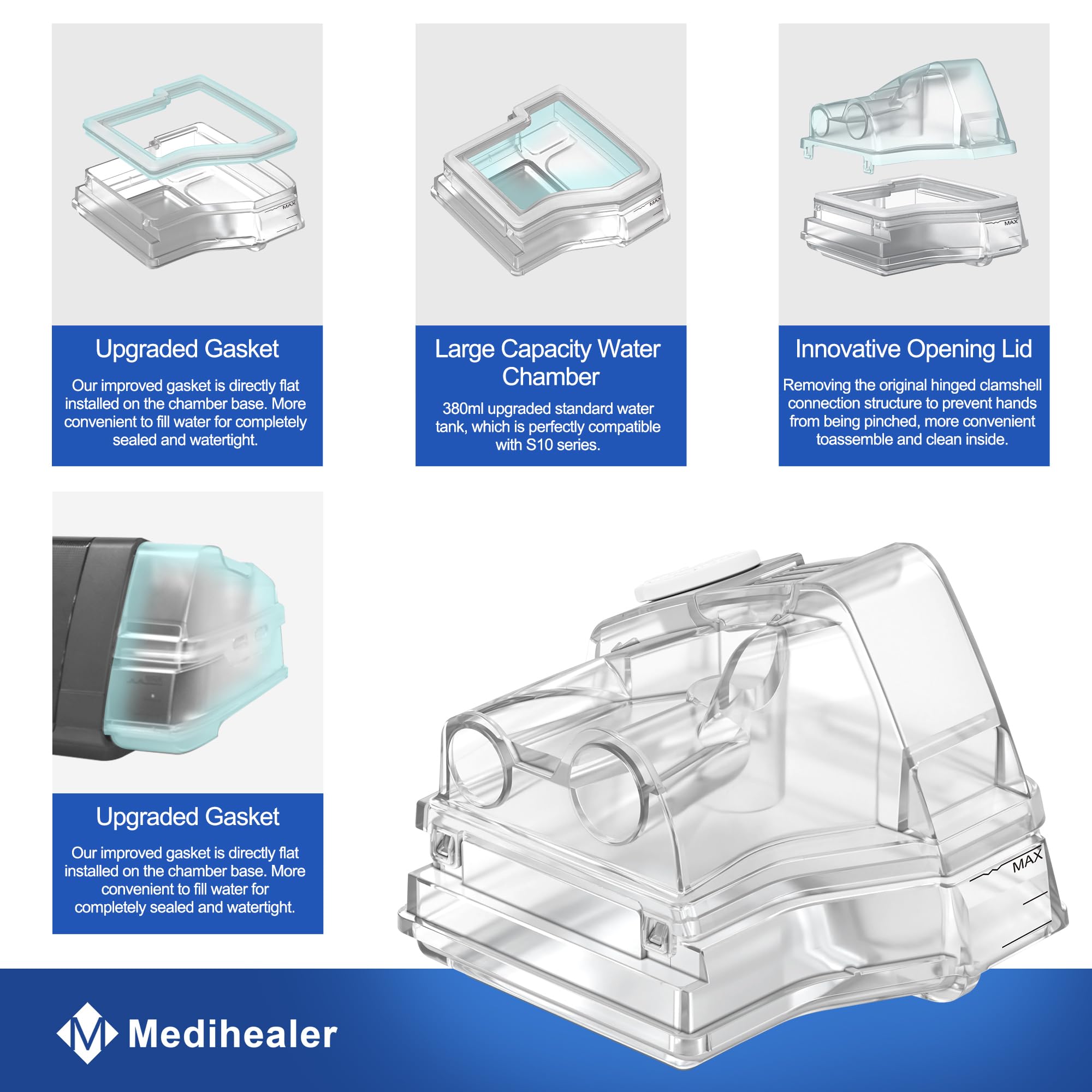 Medihealer AirSense 10 water chamber flat-connection base for a secure seal