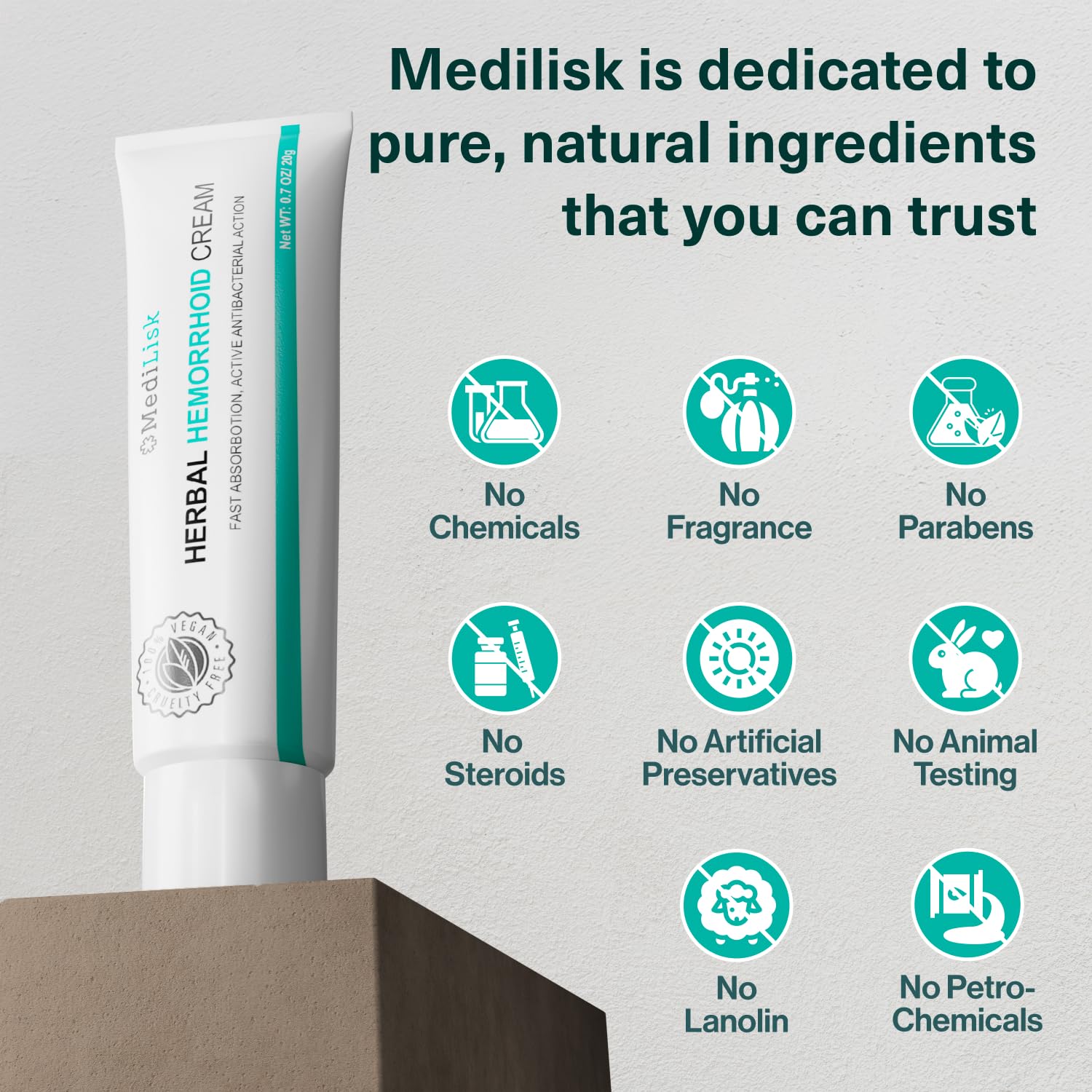 MediLisk Herbal Hemorrhoid Cream packaging on a clean surface.