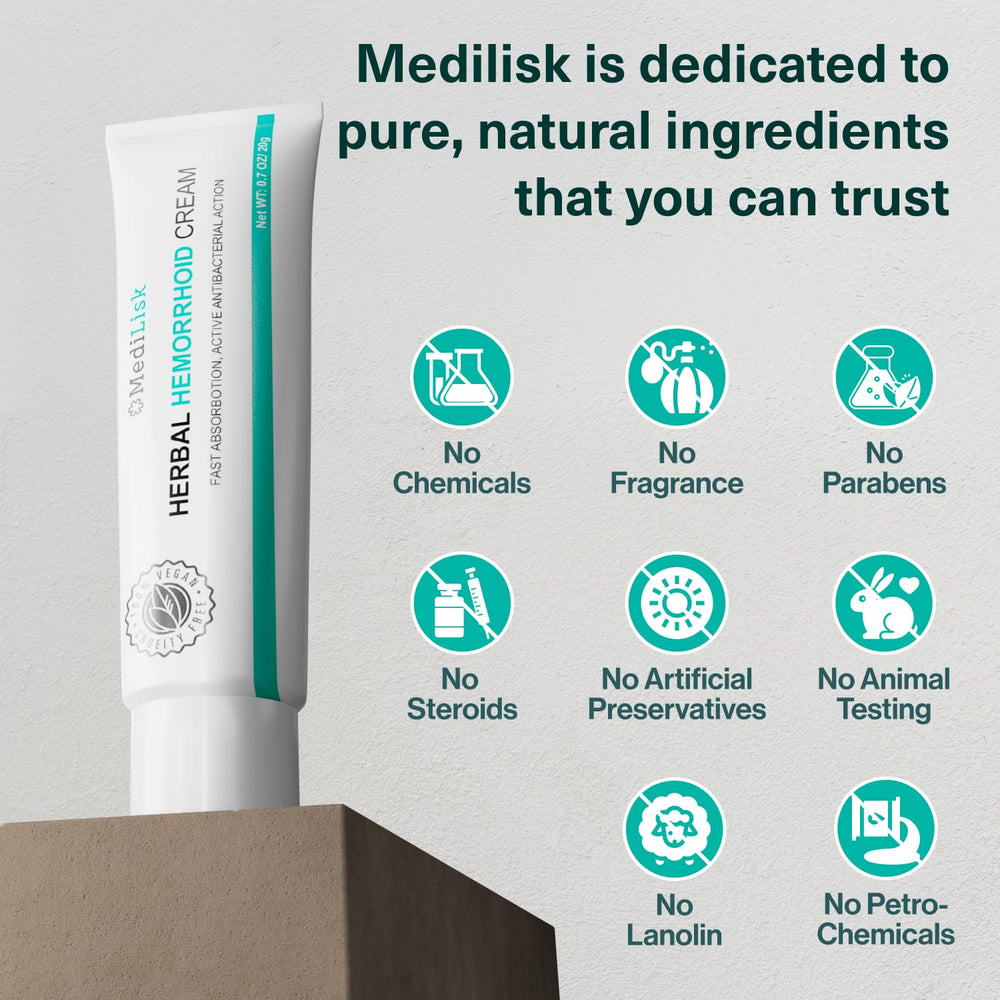 MediLisk Herbal Hemorrhoid Cream packaging on a clean surface.