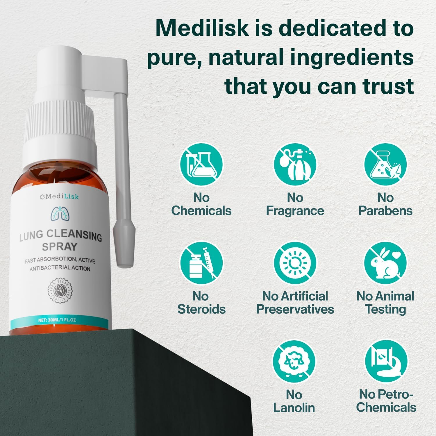 MediLisk Lung Cleansing Spray bottle back shows ingredients and gentle formula.