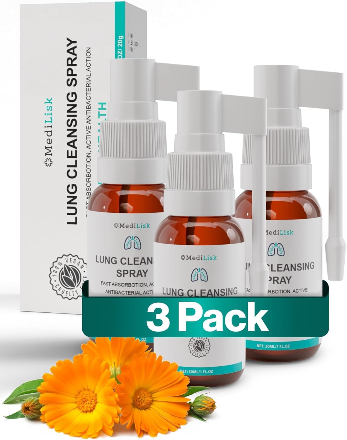 MediLisk Lung Cleansing Spray bottle front offers on-the-go respiratory support.