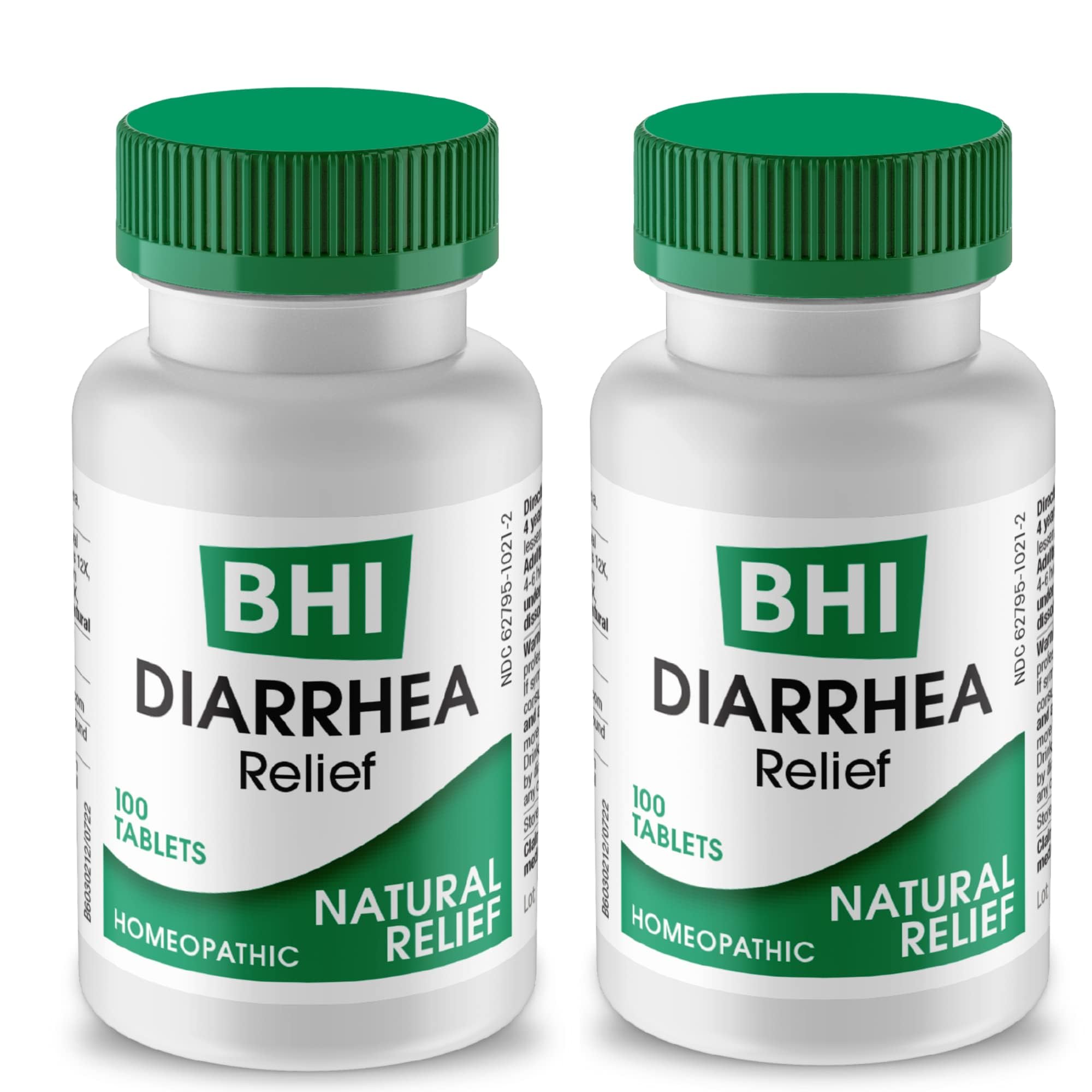 MediNatura BHI diarrhea relief tablets in a two-pack box for fast, non-drowsy support.