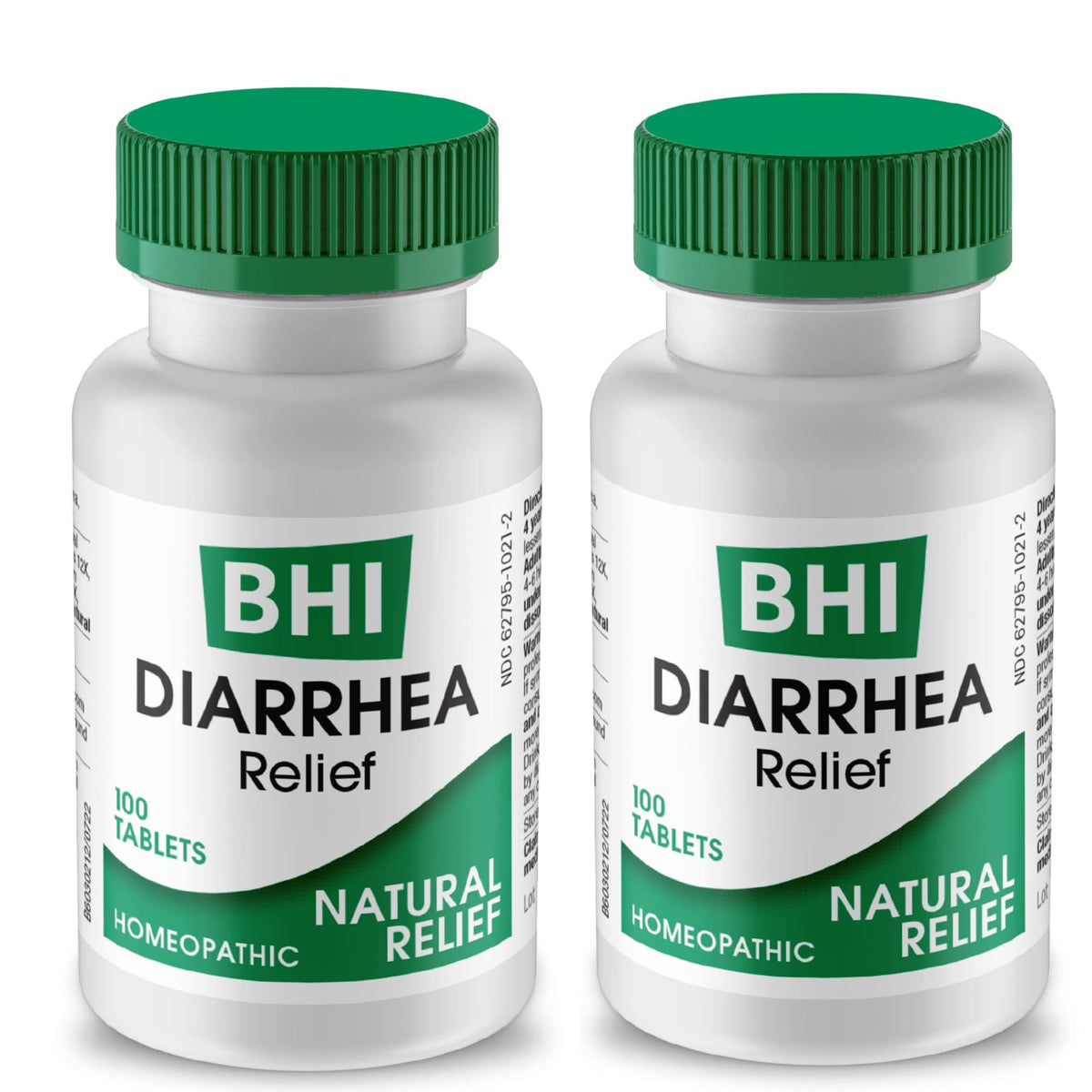 MediNatura BHI diarrhea relief tablets in a two-pack box for fast, non-drowsy support.