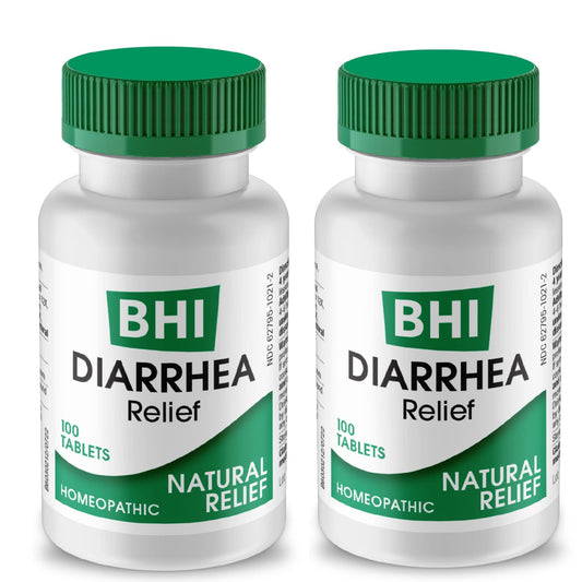 MediNatura BHI diarrhea relief tablets in a two-pack box for fast, non-drowsy support.
