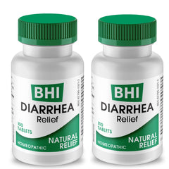 MediNatura BHI diarrhea relief tablets in a two-pack box for fast, non-drowsy support.