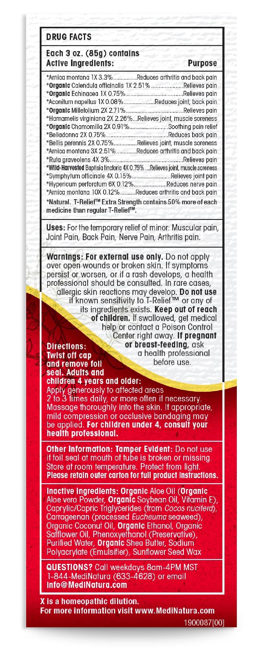 MediNatura T-Relief Arnica Cream tube back detailing ingredients and directions.