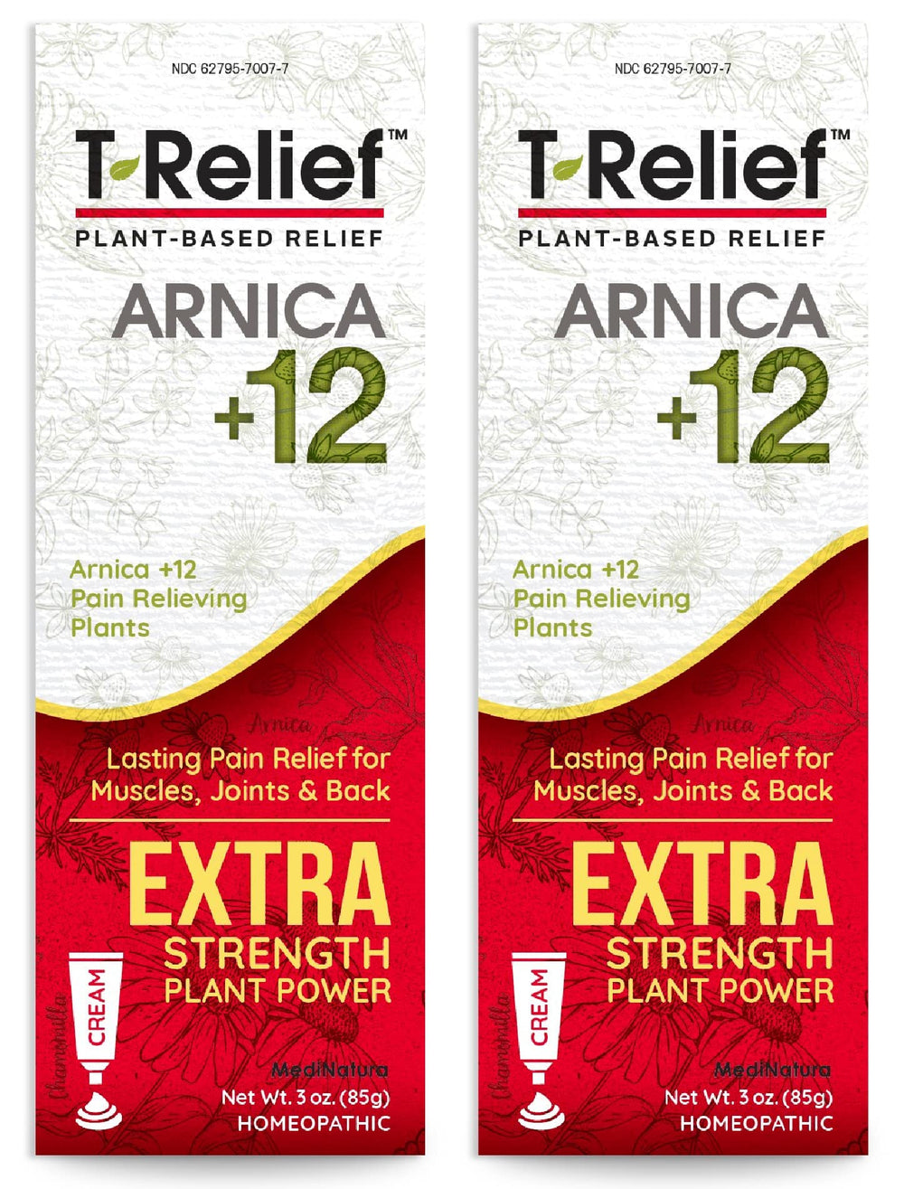 MediNatura T-Relief Arnica Cream tube front showing compact 3 oz bottle for on-the-go relief.
