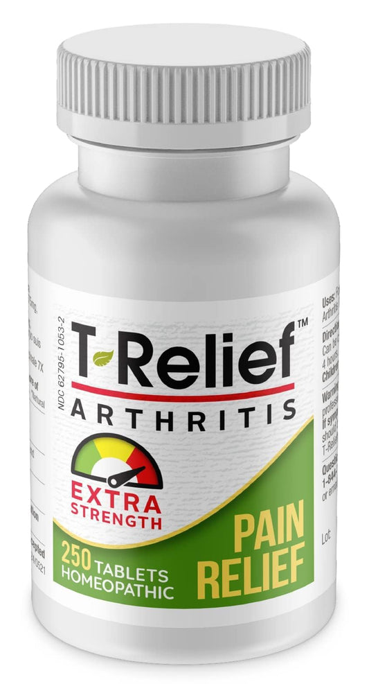 MediNatura T-Relief arthritis tablets bottle showing natural actives for joint comfort.