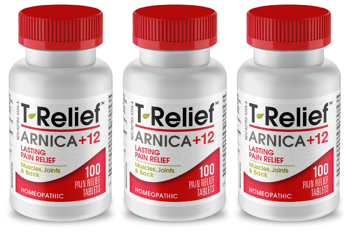 MediNatura T-Relief bottle front in three-pack for convenient home use.
