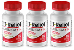 MediNatura T-Relief bottle front in three-pack for convenient home use.