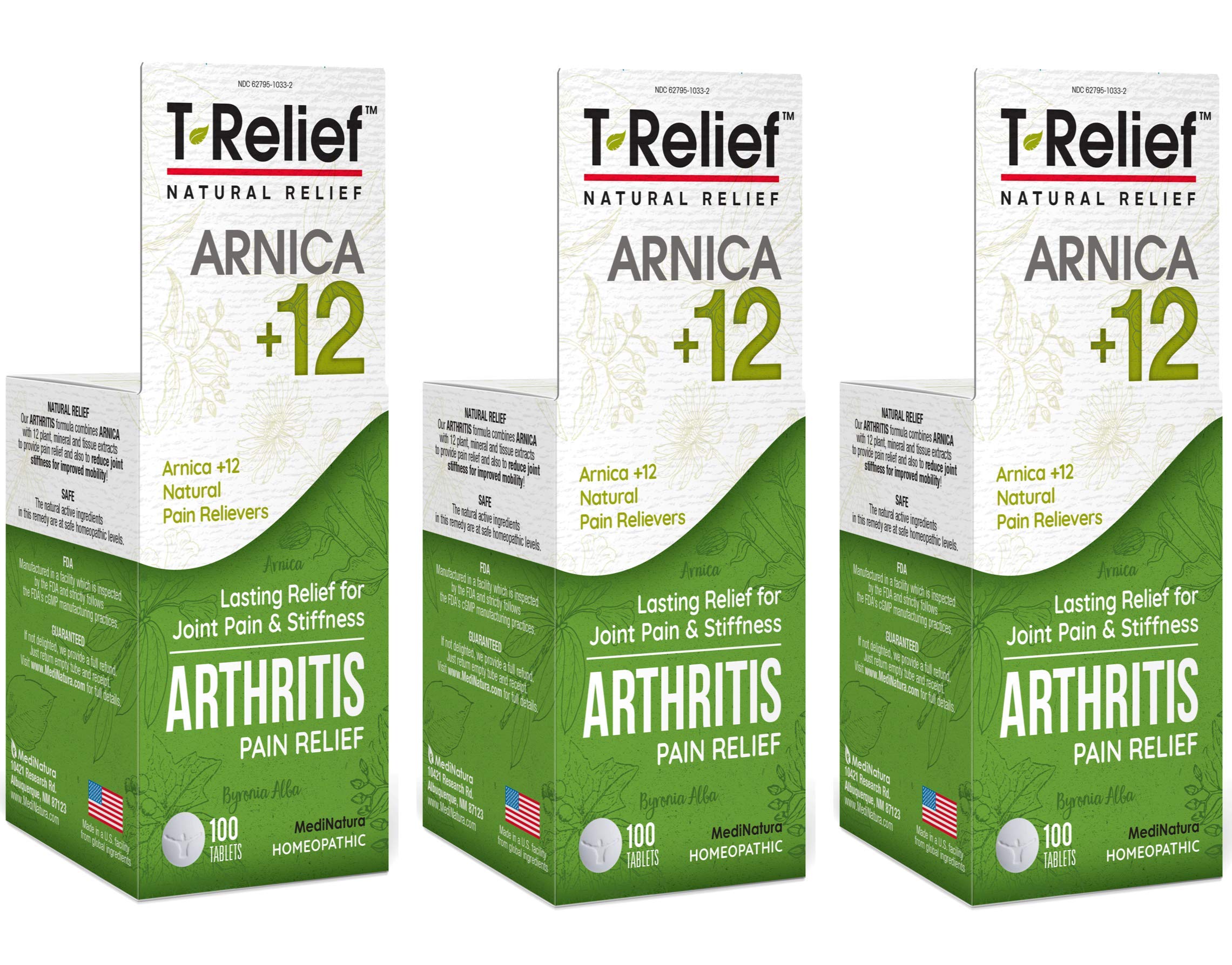 MediNatura T-Relief bottle label close-up highlighting natural pain relief ingredients