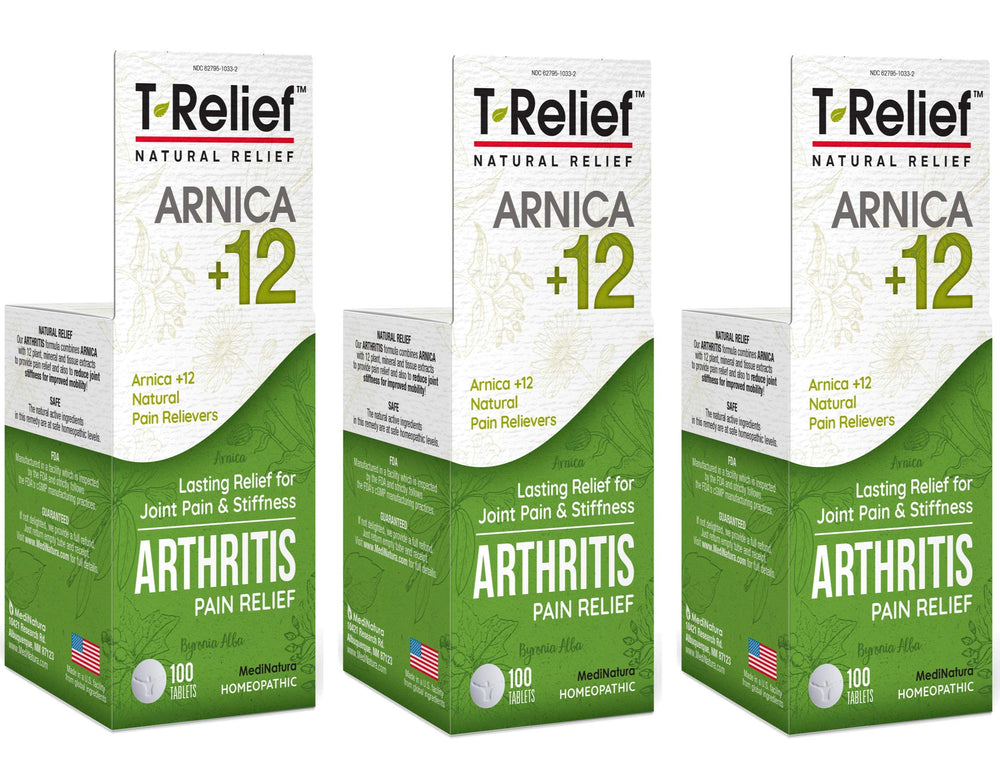 MediNatura T-Relief bottle label close-up highlighting natural pain relief ingredients