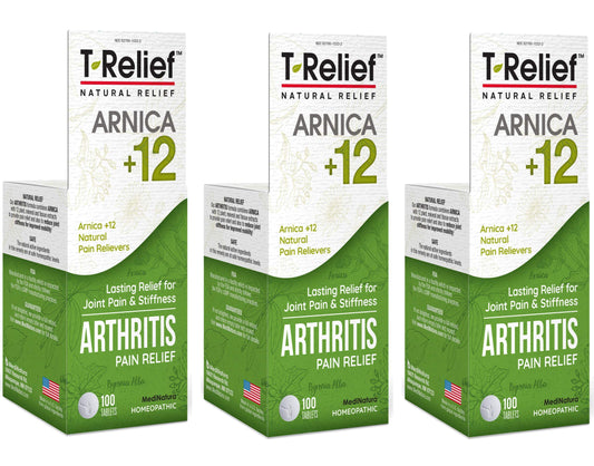 MediNatura T-Relief bottle label close-up highlighting natural pain relief ingredients
