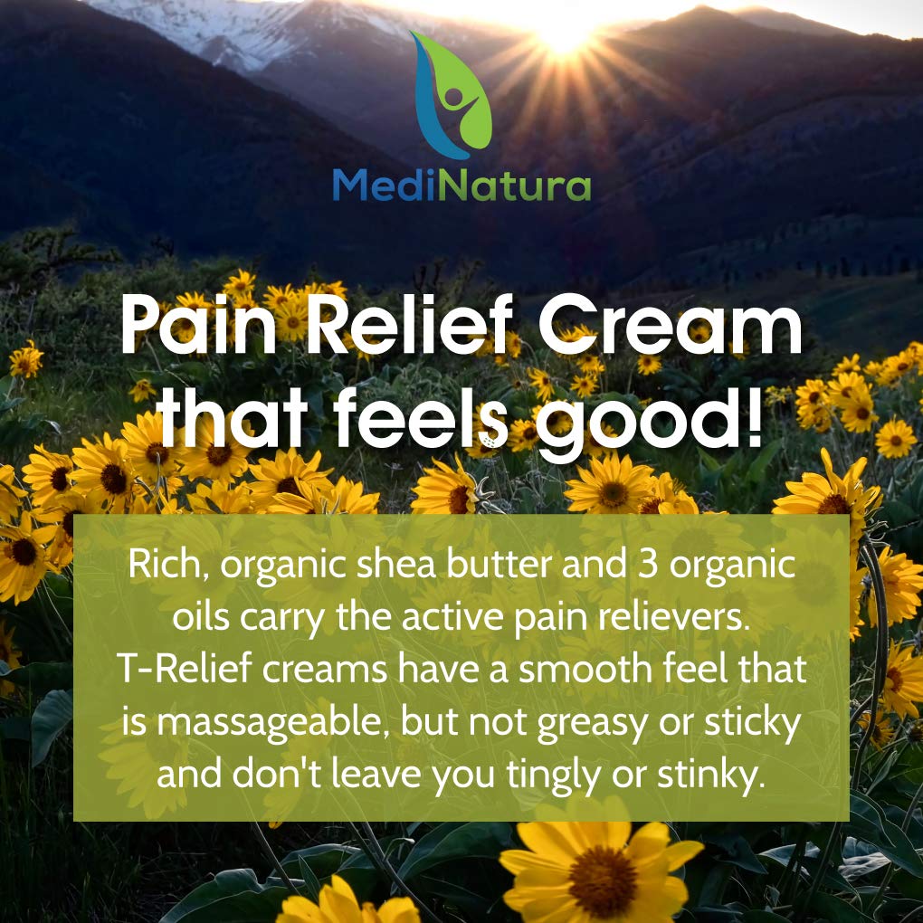MediNatura T-Relief cream on shelf display emphasizes clean ingredients.
