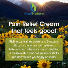 MediNatura T-Relief cream on shelf display emphasizes clean ingredients.