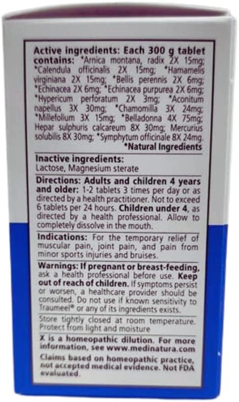 MediNatura Traumeel daily relief routine with tablets on desk.