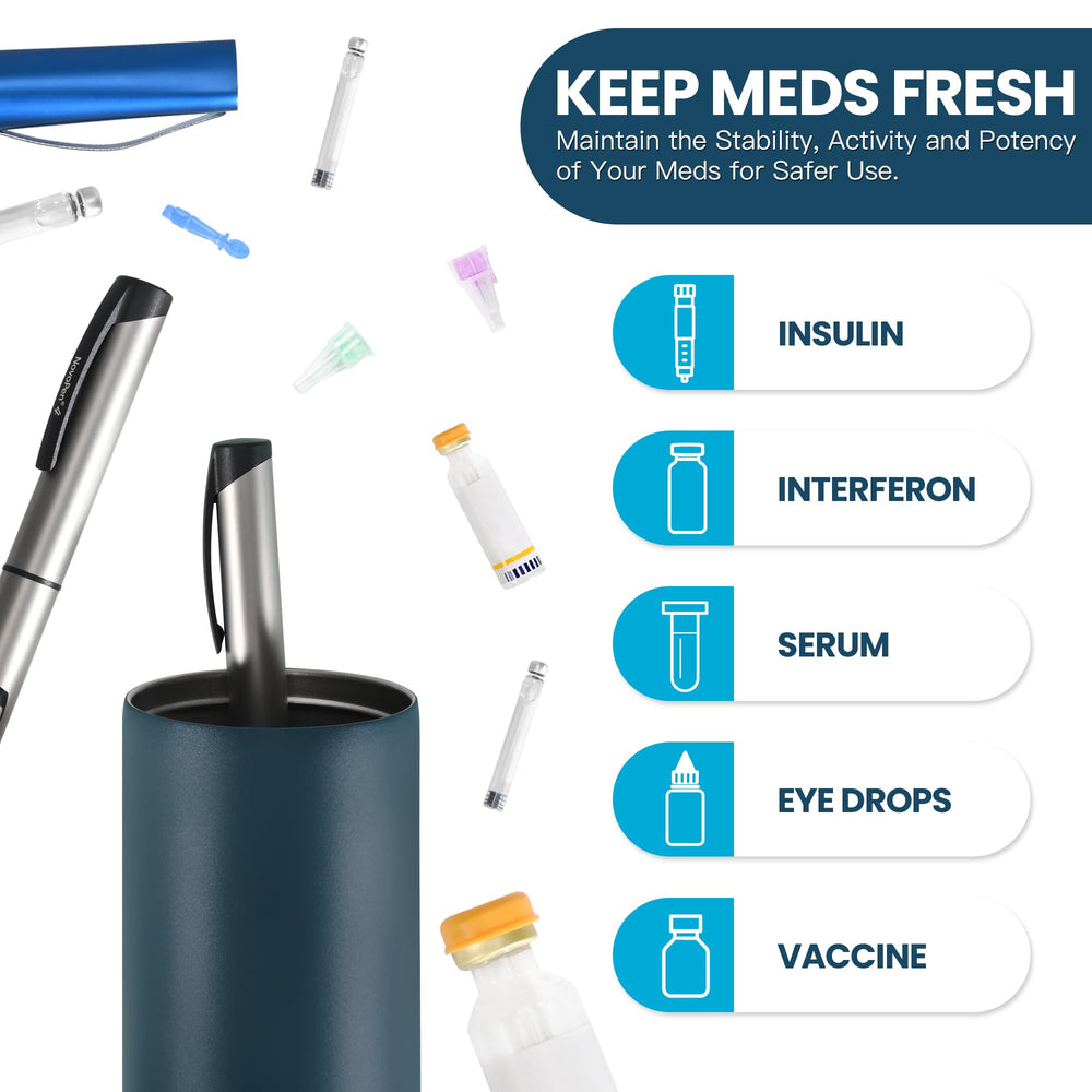 Medineed insulin cooler case cap storage, extra room for pills or needles.