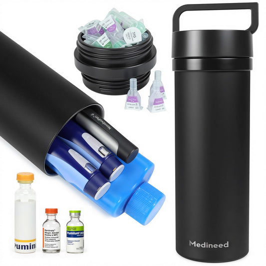 Medineed insulin cooler case exterior, compact TSA-friendly design for easy transport.
