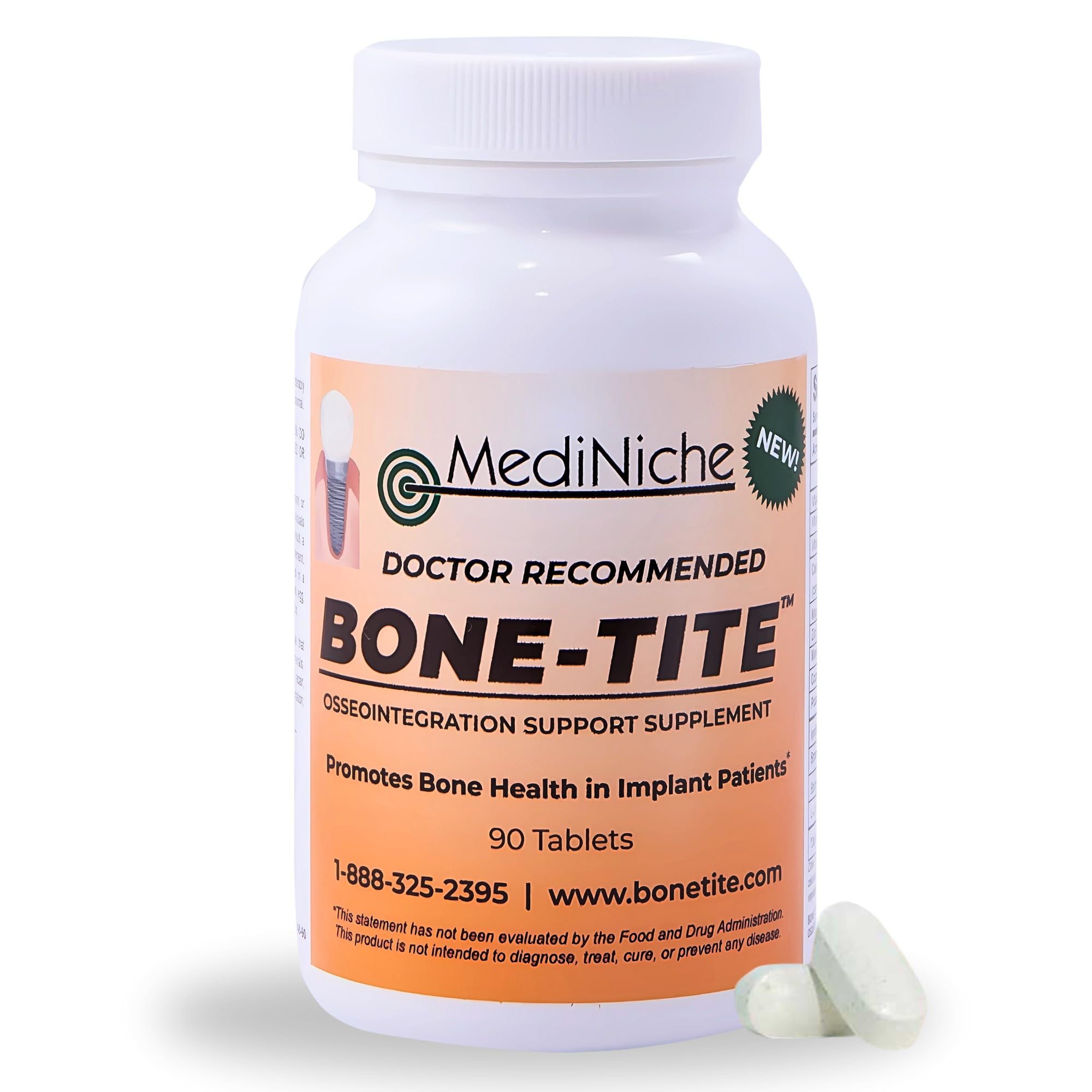 MediNiche Bone-Tite bottle on counter signals dental implant support