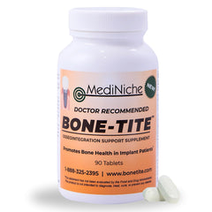 MediNiche Bone-Tite bottle on counter signals dental implant support