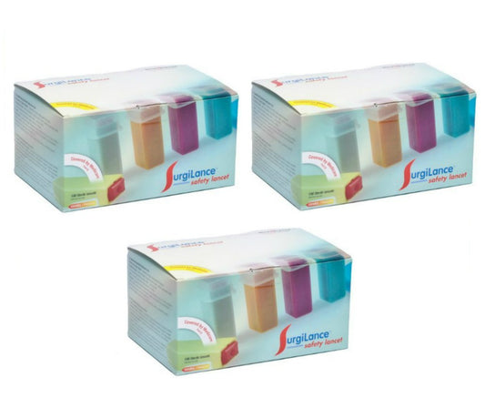 MediPurpose Surgilance orange lancet, medium flow, for safe fingerstick testing.