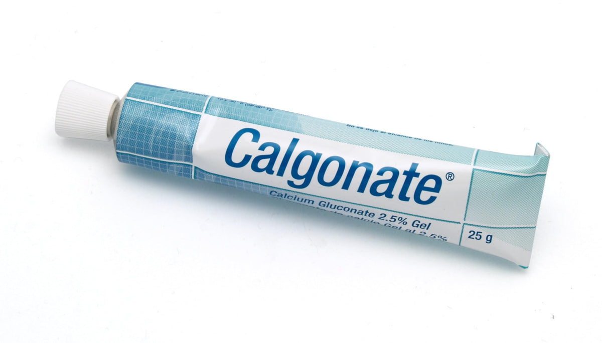 Medique calcium gluconate gel tube 25g ready for first aid use against hydrofluoric acid exposure.