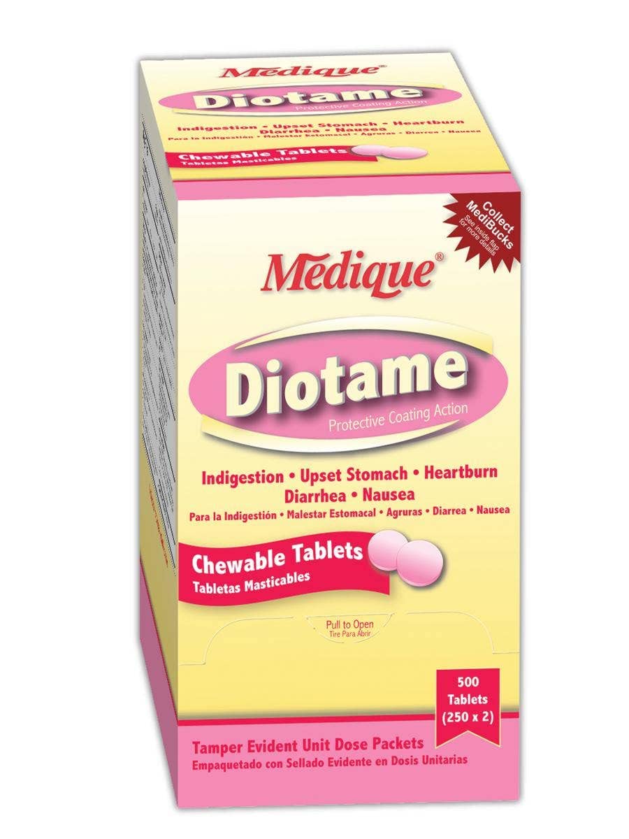 Medique Diotame chewable tablet pink pack for indigestion relief and stomach comfort.