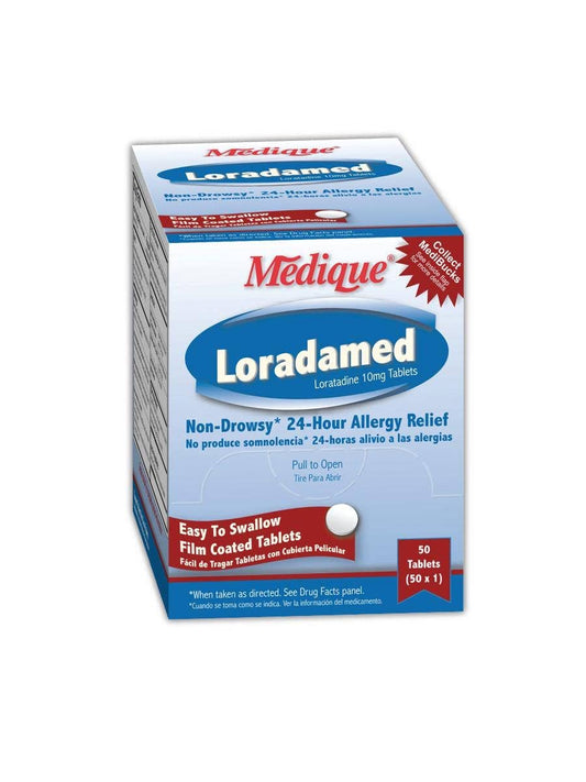 Medique loratadine allergy relief tablet, white film-coated pill for hay fever symptoms.