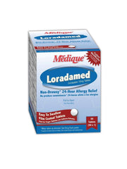 Medique loratadine allergy relief tablet, white film-coated pill for hay fever symptoms.