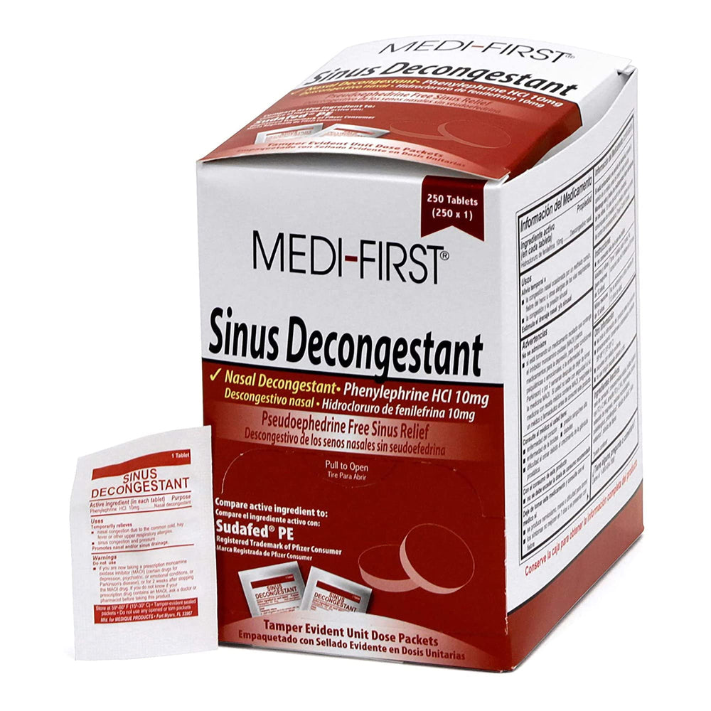 Medique Medi-First sinus decongestant tablet close-up showing non-drowsy relief option.