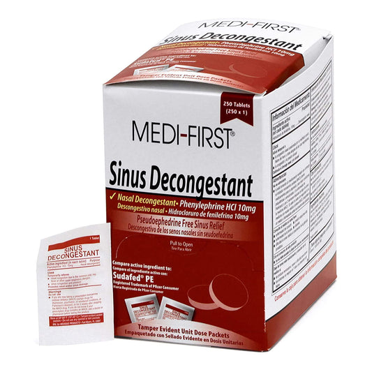 Medique Medi-First sinus decongestant tablet close-up showing non-drowsy relief option.