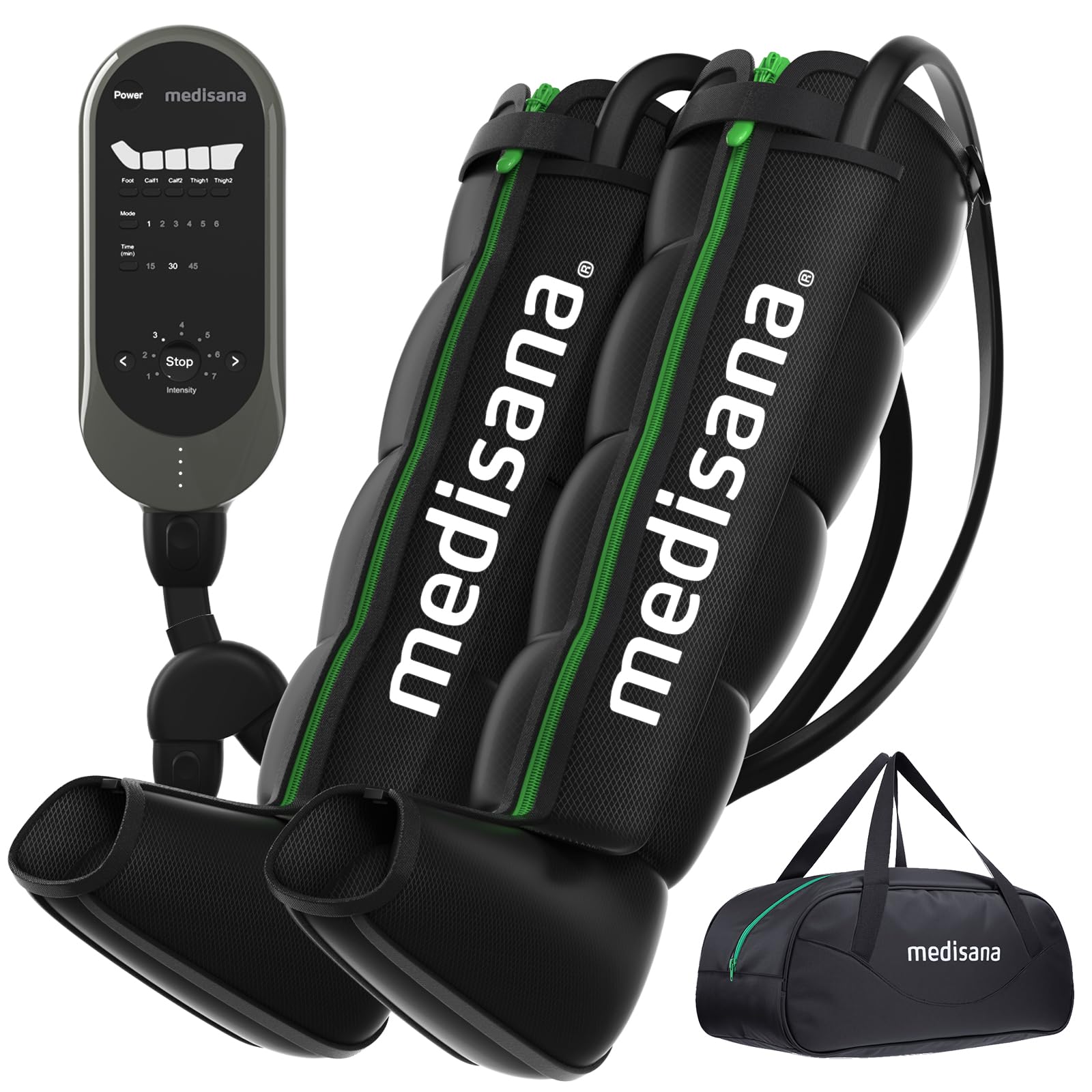 Medisana leg compression massager on leg with full-coverage airbags for circulation support.