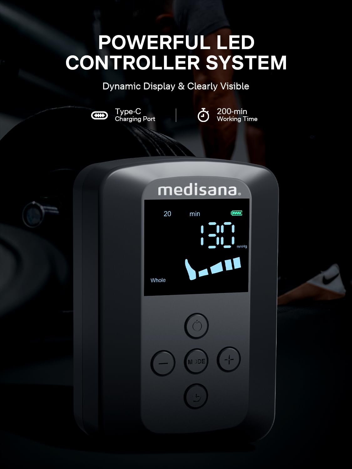 Medisana leg massager applies targeted pressure to upper and lower thigh zones